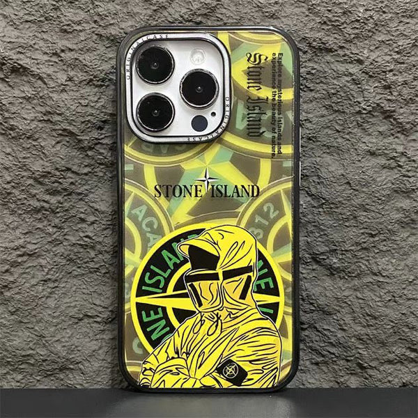 Stone Island iPhone case with yellow graphic jacket design and logo on textured background