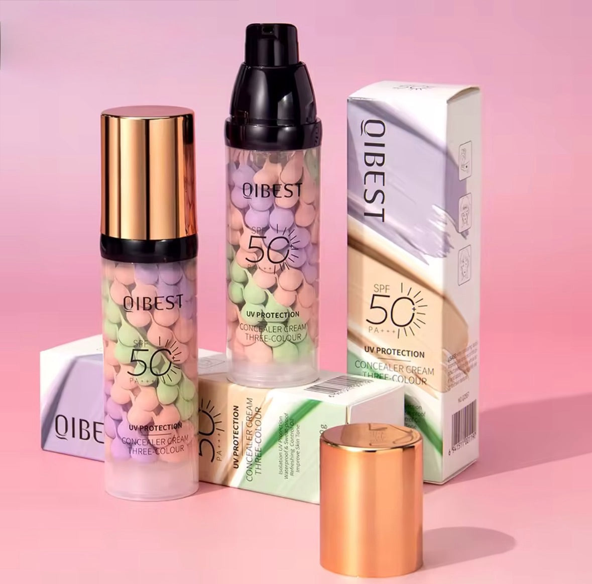 Fondotinta correttore QIBEST SPF 50 con sfere color correcting verde viola beige