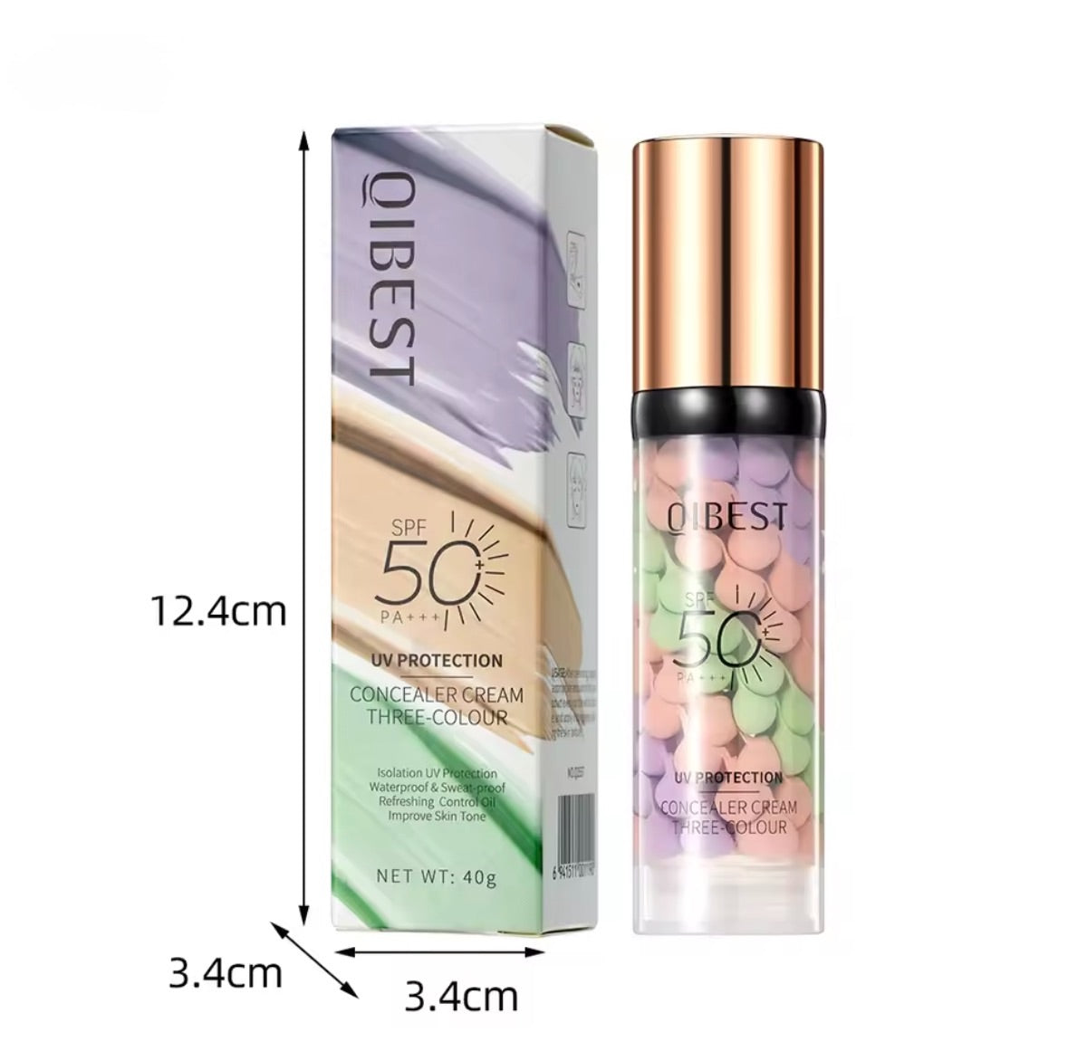 "Dettaglio texture fondotinta QIBEST 3 in 1 con micro-sfere colorate per color correcting"