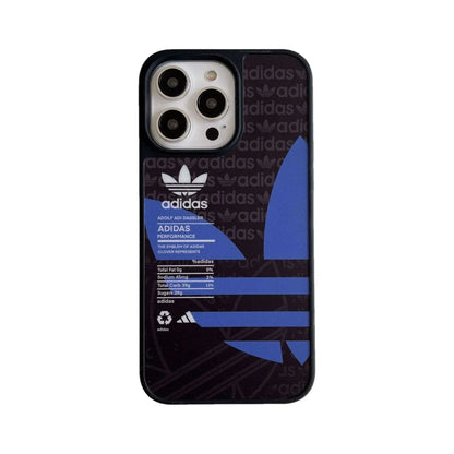 Adidas branded iPhone case with blue Trefoil logo and nutrition facts design