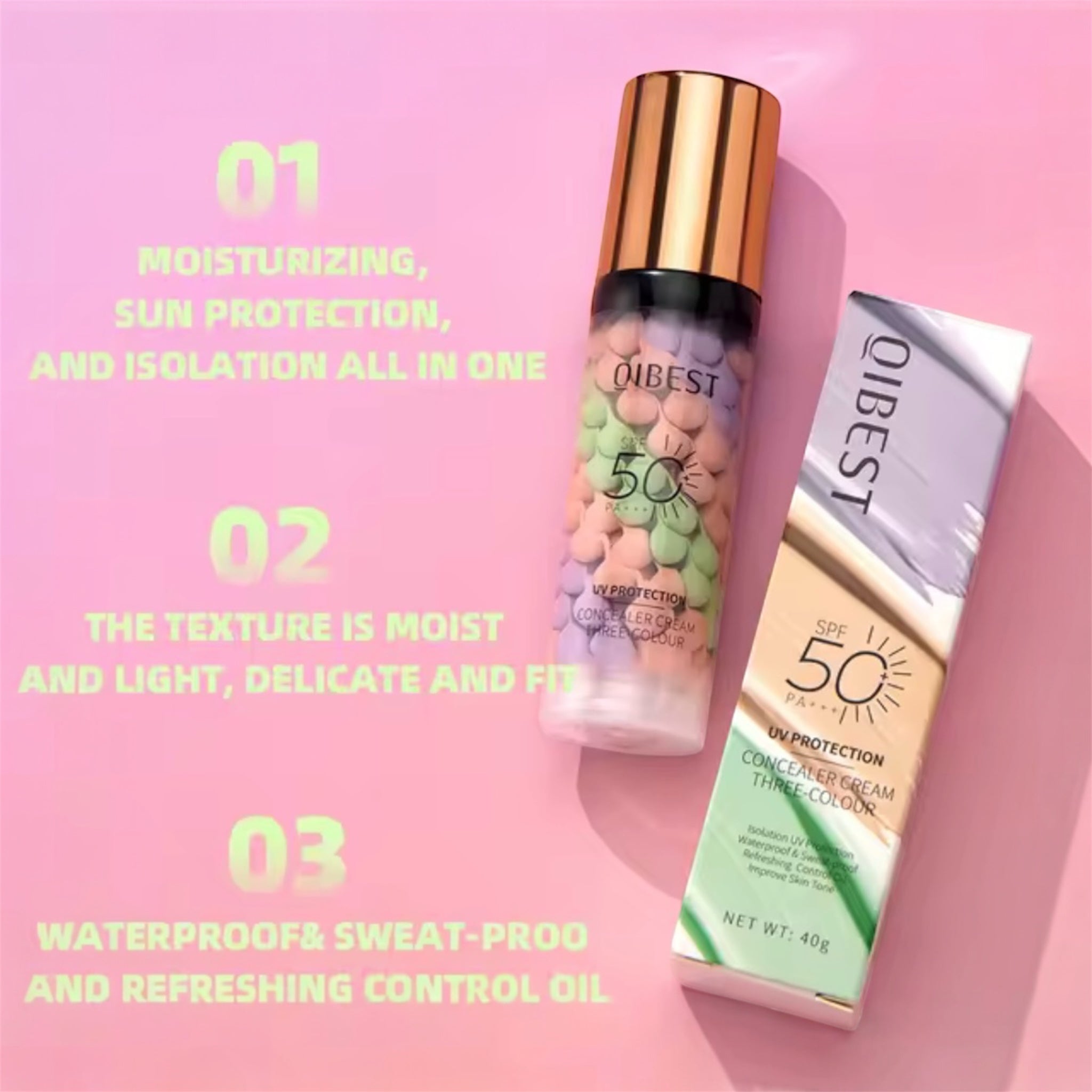 "Packaging premium fondotinta correttore SPF 50 PA+++ QIBEST con tappo dorato"