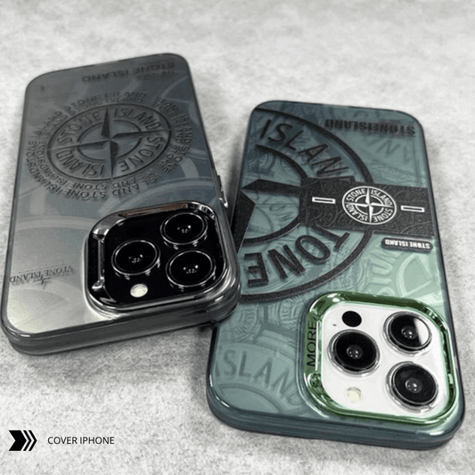 Stone Island logo iPhone cases with camera cutouts on a light grey surface
