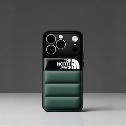 The North Face padded green iPhone case with logo, on a gray background