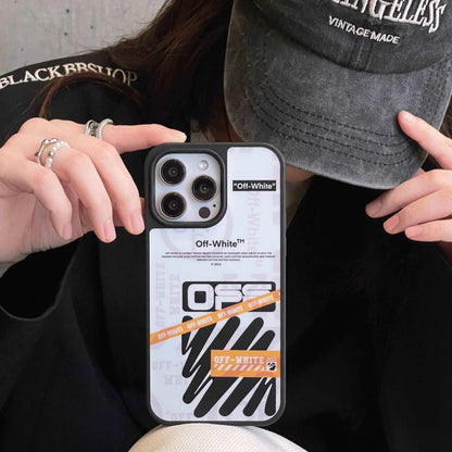 Off-White logo iPhone case with black and white design held by person in black clothing and cap