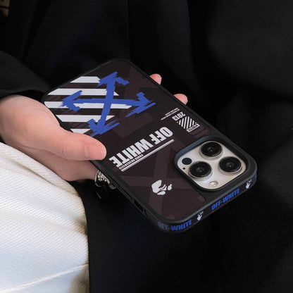 Hand holding iPhone with Off-White logo blue arrow graphic phone case, bold branding visible
