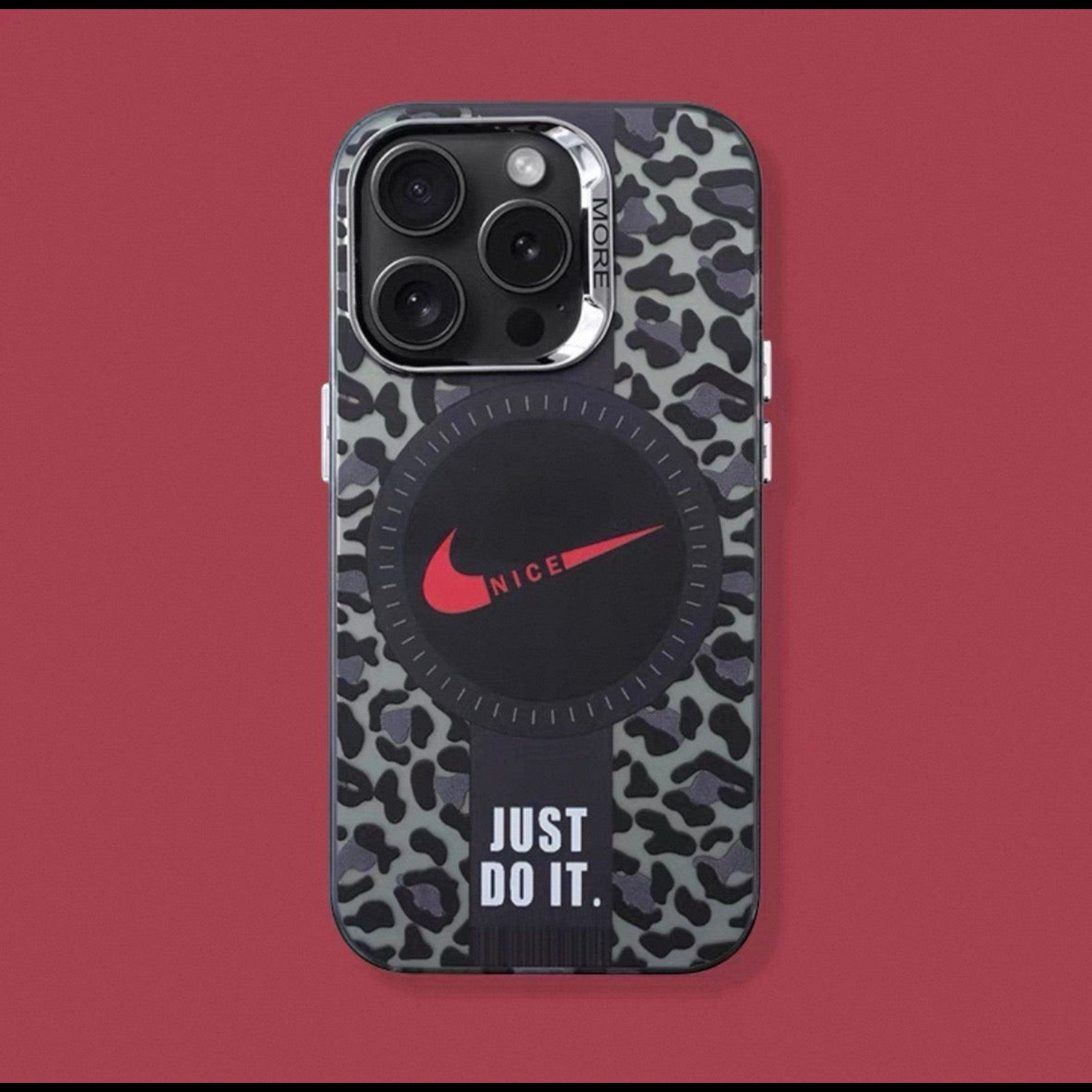 ITALIA SHOP iPhone case with leopard print, red Nike logo, and "JUST DO IT." text. Protective and stylish.