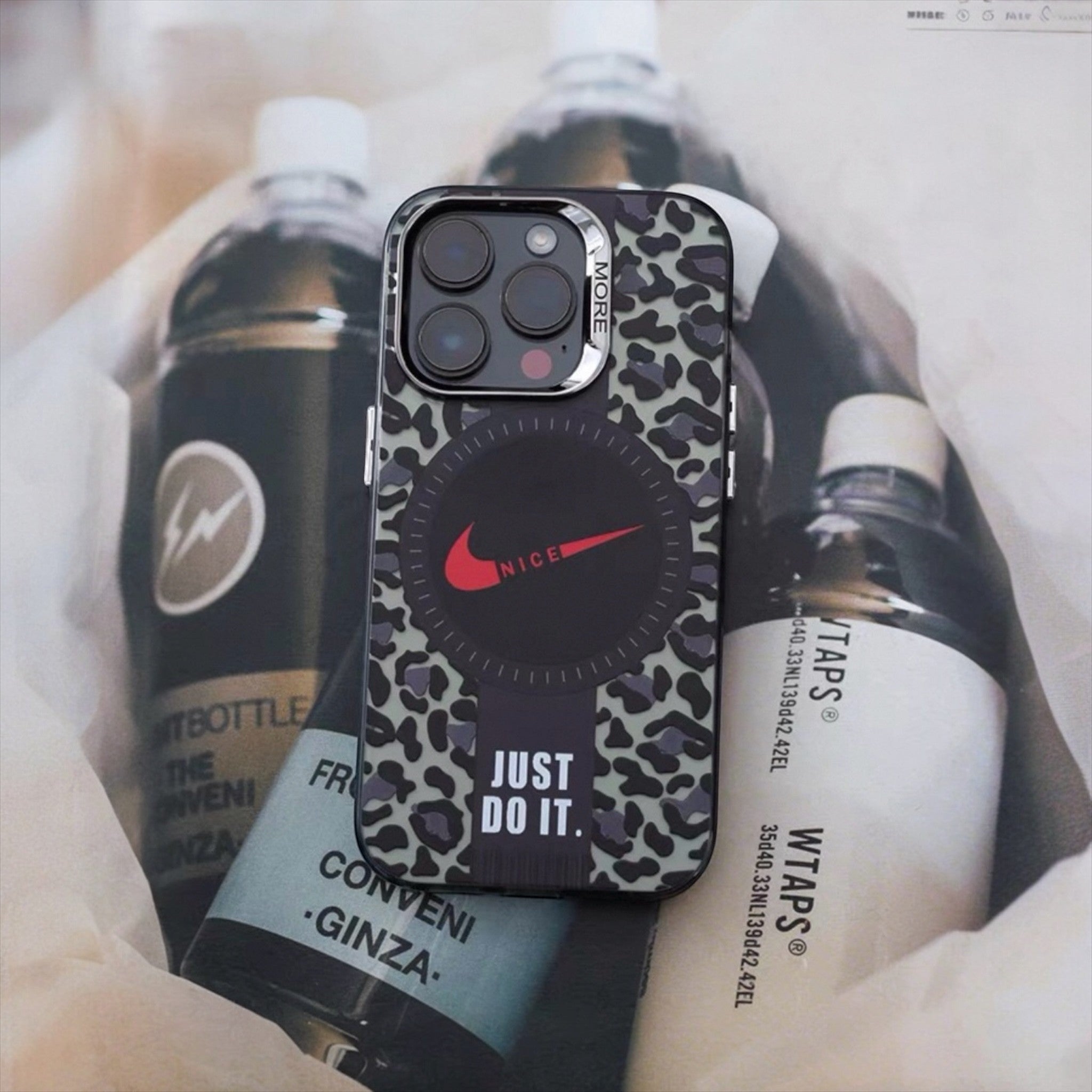 ITALIA SHOP iPhone case with leopard print, featuring Nike logo and "Just Do It" text. Protective and stylish.